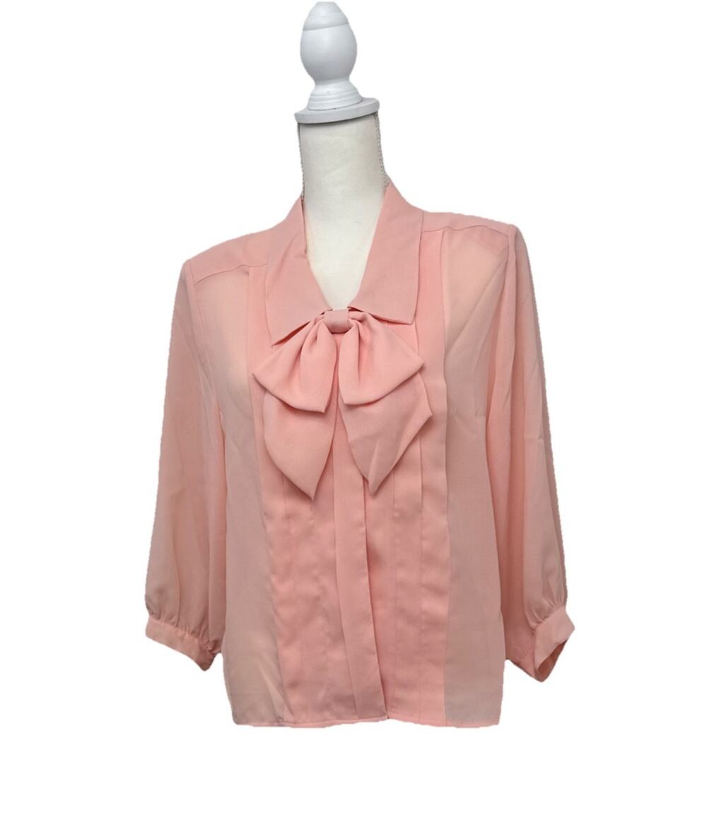 Vintage Blouse Pale Pink Sheer Neck Tie Bow Secretary Women’s Sz 10